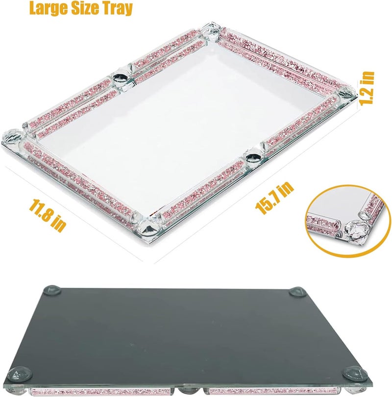 LFGKeng Large Glass Tray, Crystal Mirror Modern Jewelry Trinket Trays with Crushed Diamond, 15.7" x 11.8" Rectangular Makeup Perfume Tray for Bathroom Bedroom, Home Decor, Hotel Banquet, Party (Rose A) - Image 2